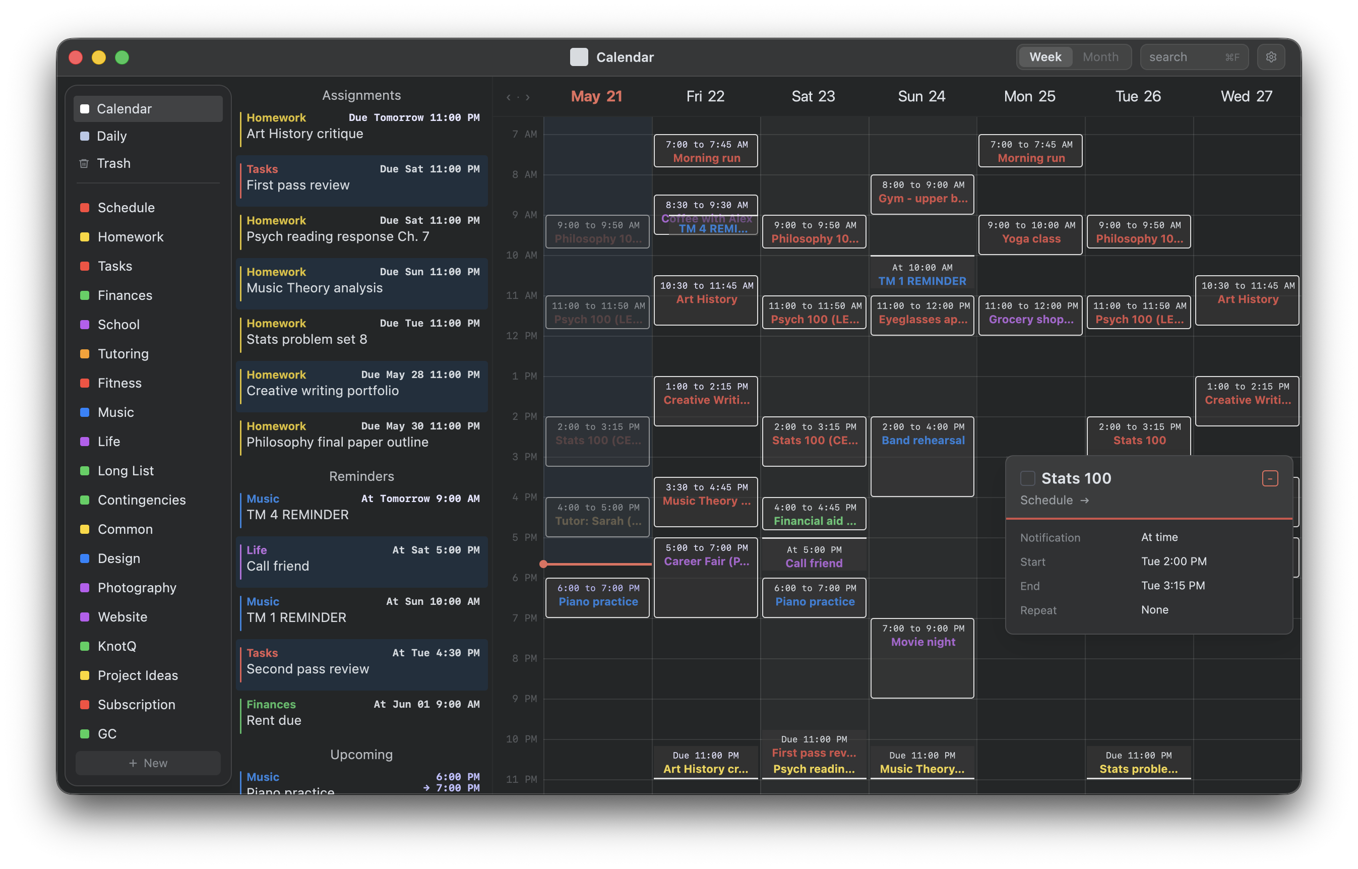KnotQ calendar showing a packed week with classes, meetings, and due assignments.