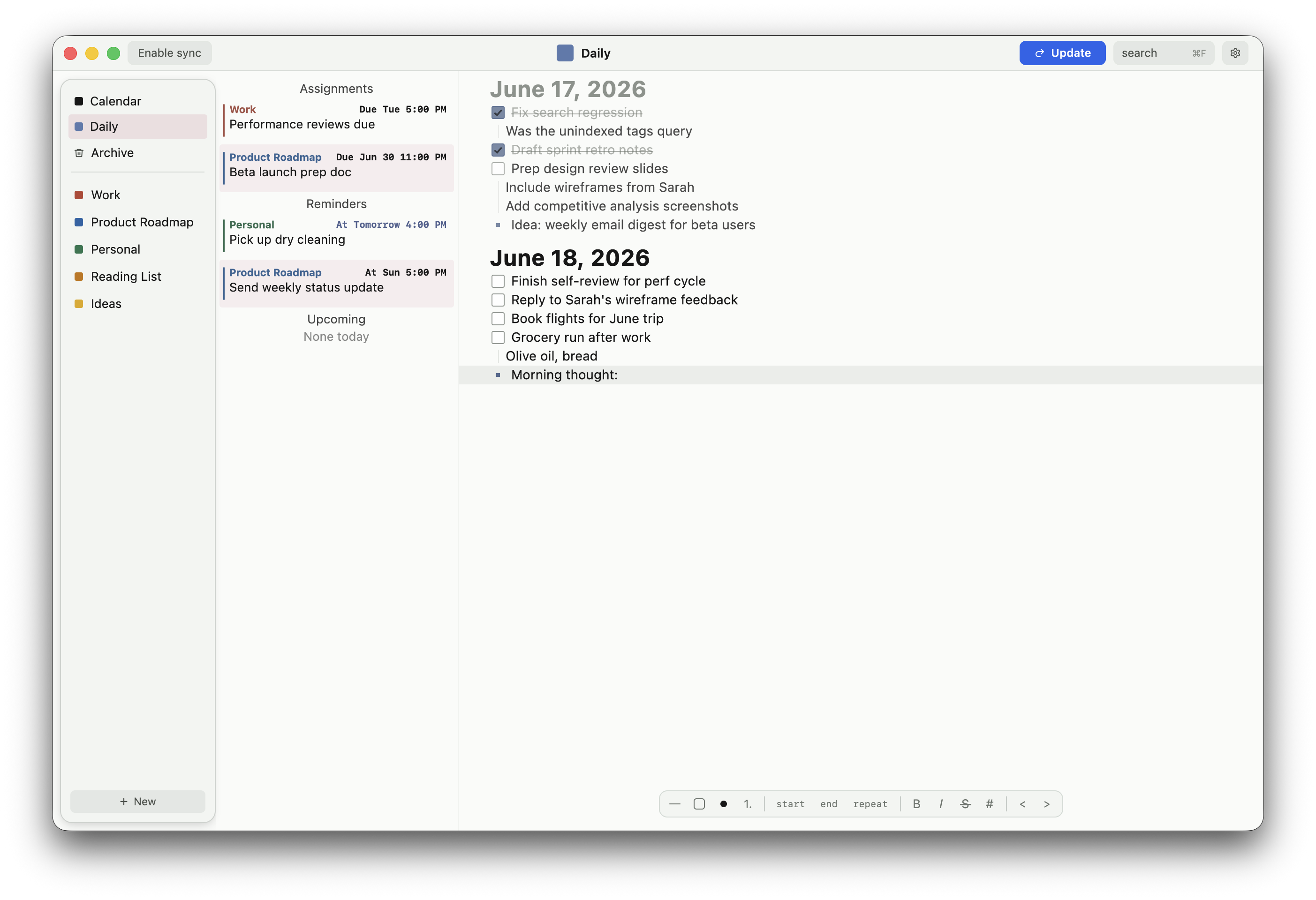 KnotQ Daily Queue showing today's tasks, notes, and carried-over items from yesterday.