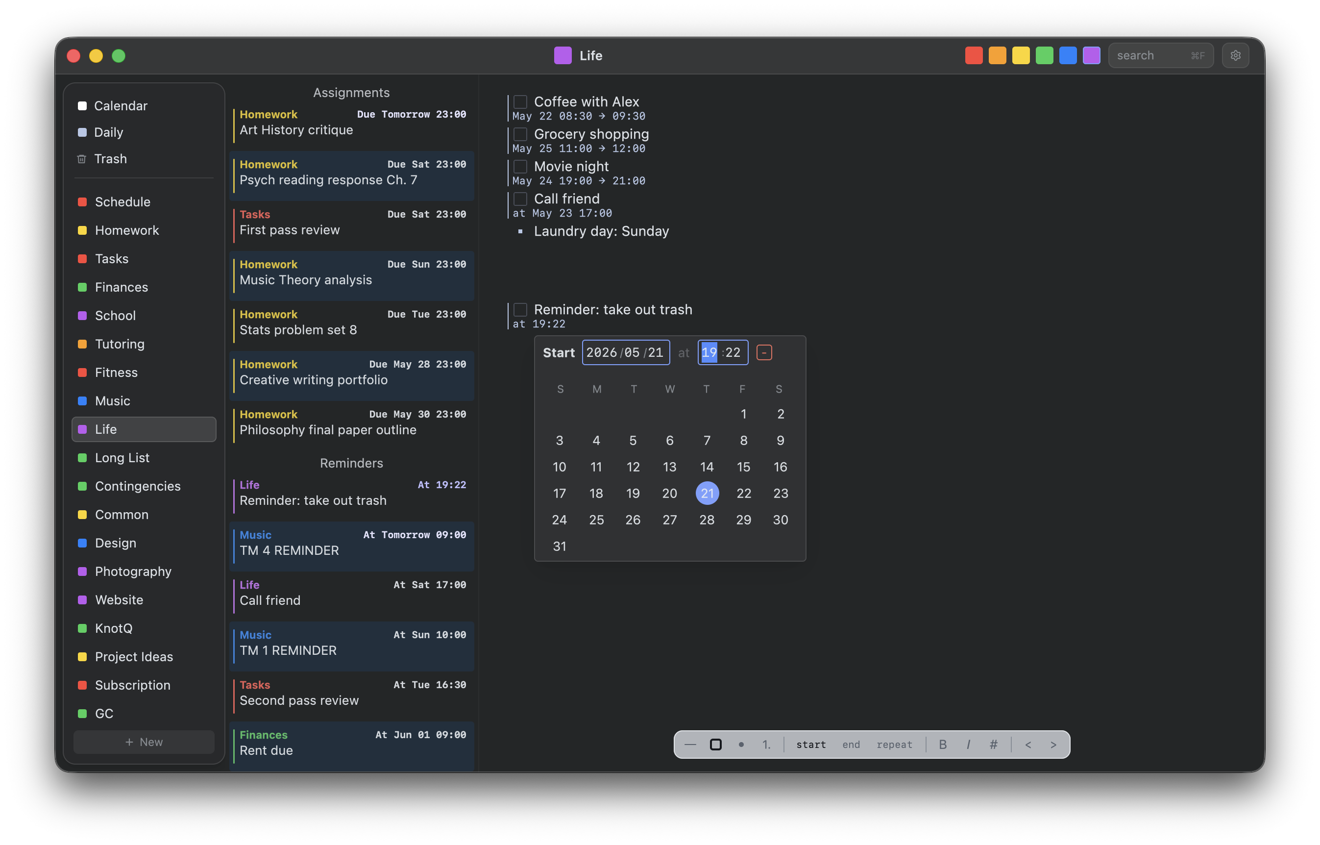 KnotQ date picker popover open on a line in the scheme editor.