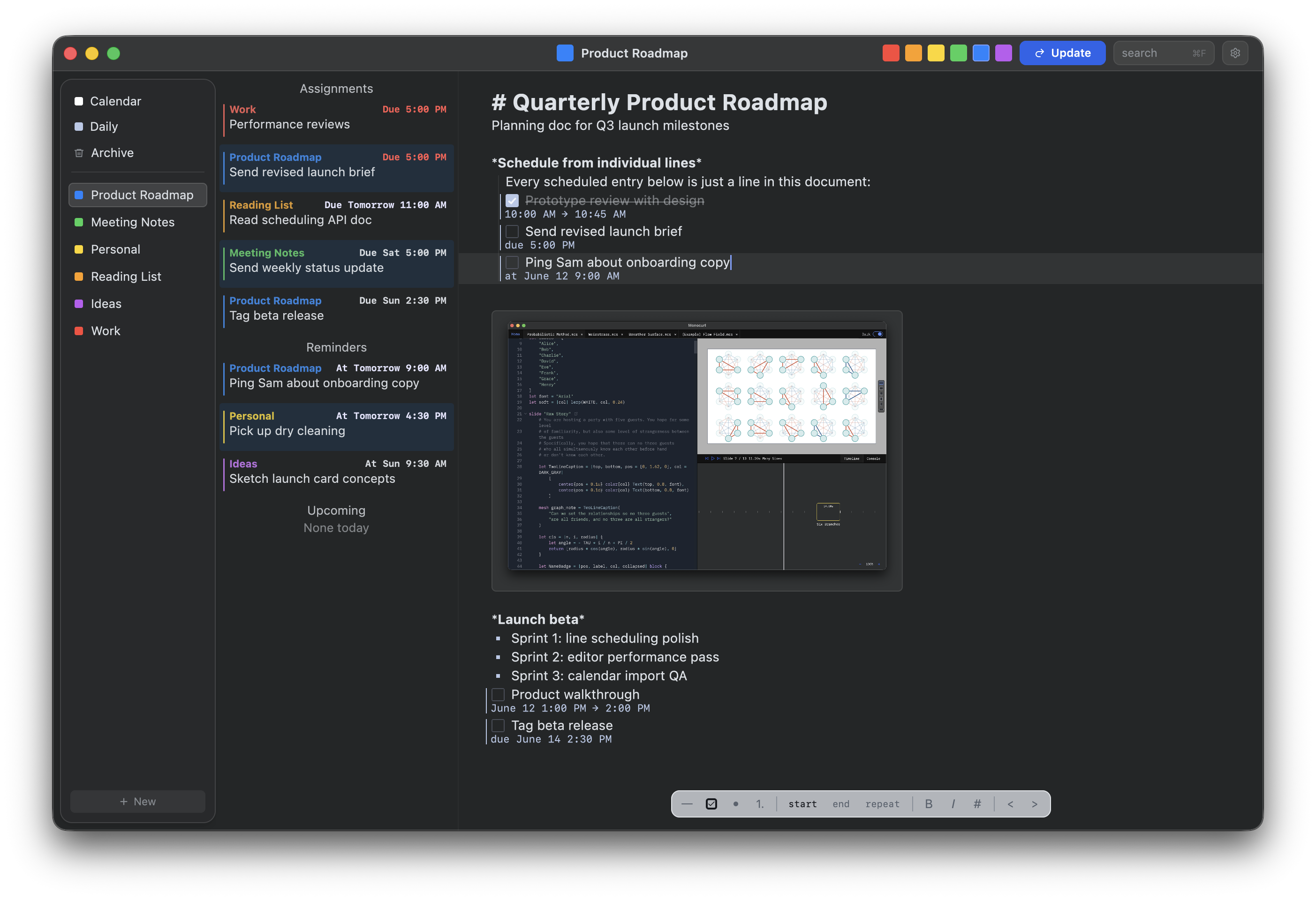 KnotQ scheme editor showing a product roadmap document with tasks, checkboxes, and inline date pickers.