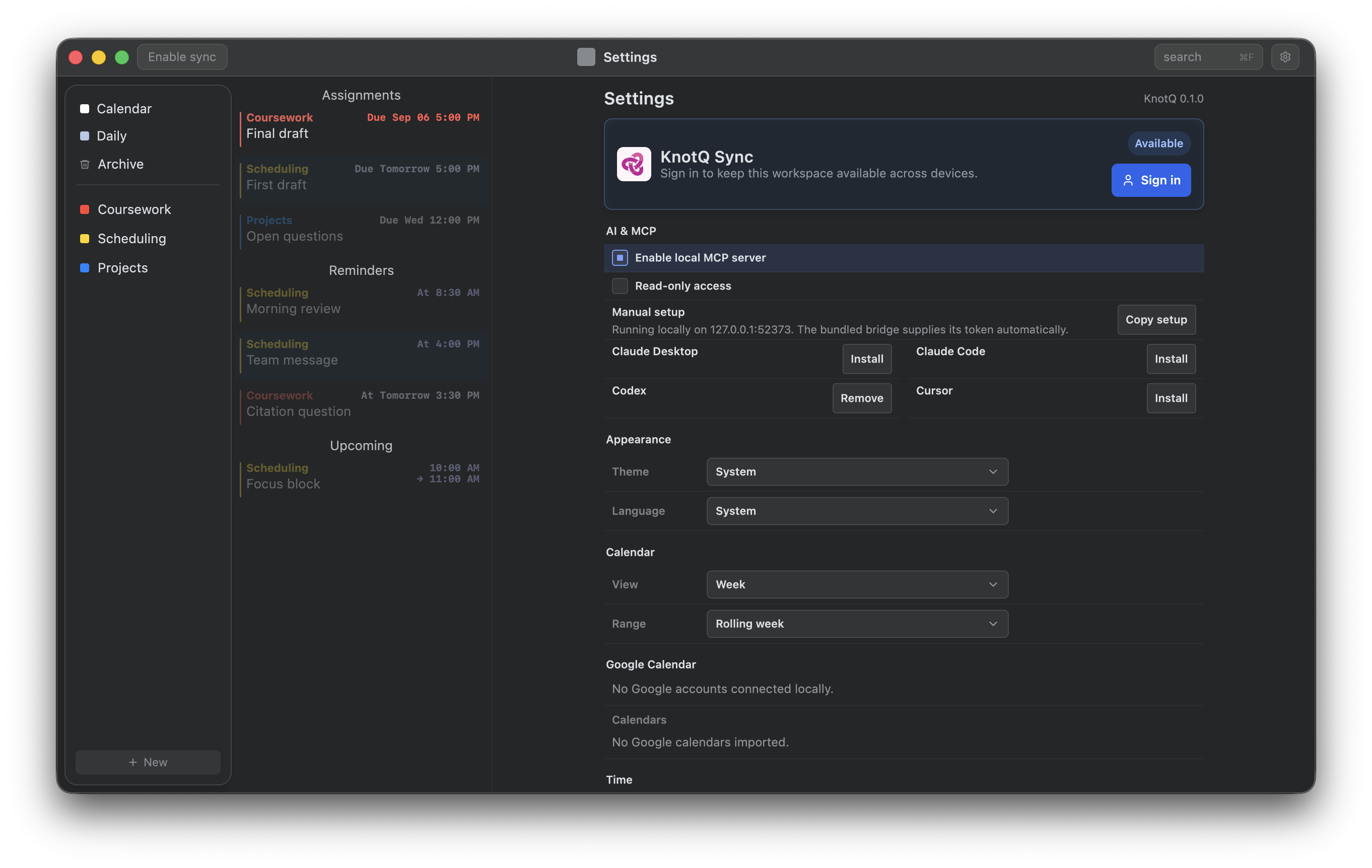 KnotQ Settings showing the AI and MCP server options.