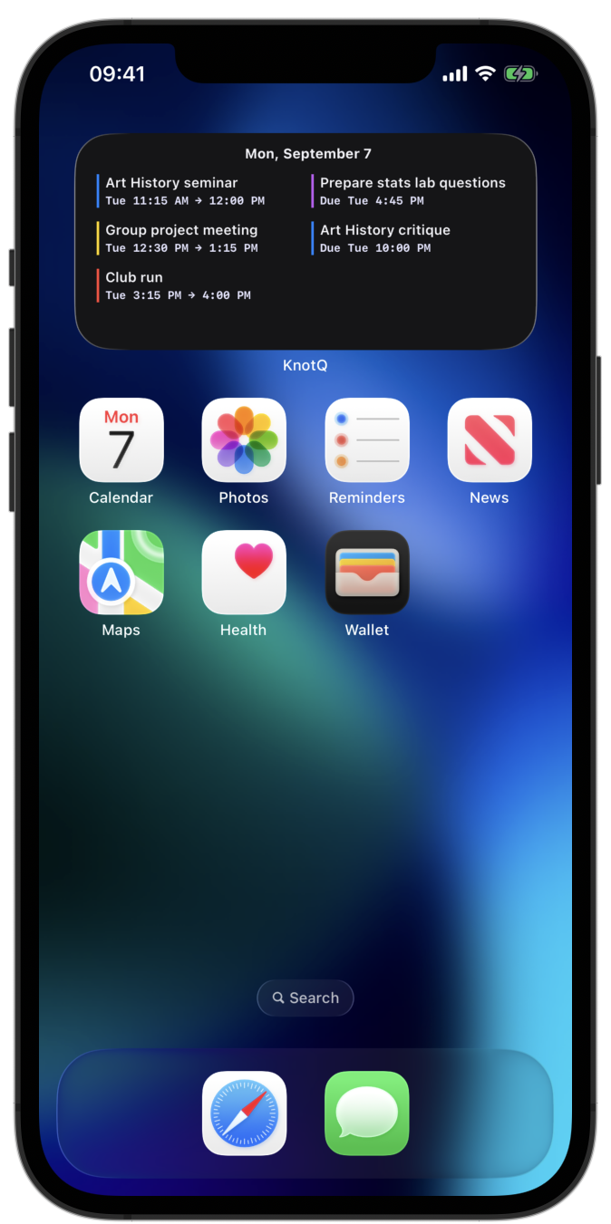 KnotQ Upcoming widget on an iPhone Home Screen showing colour-coded events and assignments.